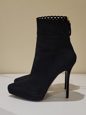 Sergio Rossi Black Suede High Heel Ankle Boots with Scalloped Lace Trim